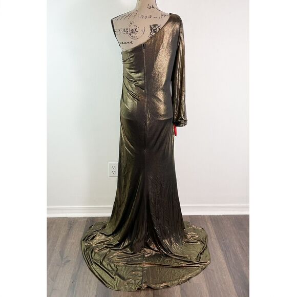 La Femme Curve NWT Metallic 28878 One Shoulder Long Sleeve Gown Black Gold 12 - Picture 4 of 7